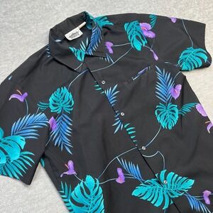 Vintage Malihini‎ Hawaiian Shirt Mens Large Black Floral Tropical Loop Collar
